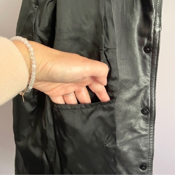 Vintage 90s Y2K Roots Black 100% Leather Straight Cut Mid Length Car Coat - 6/S - Picture 8 of 14